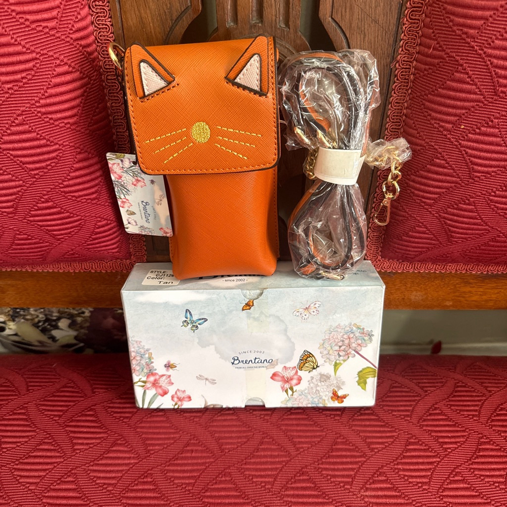 Brentano Cat Phone Crossbody Bag Tan with Gold Adjustable Strap
